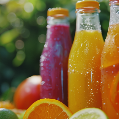 Three bottles of colorful smoothies with condensation, surrounded by fresh fruit, with a blurred green background.