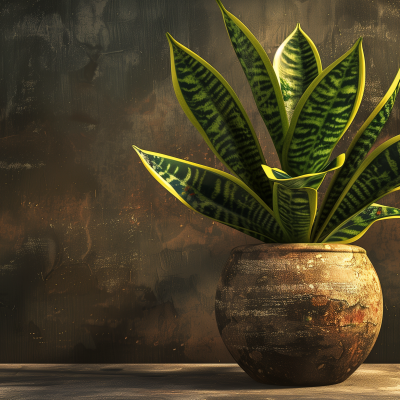 A snake plant with tall green and yellow variegated leaves in a rustic pot against a textured dark background.
