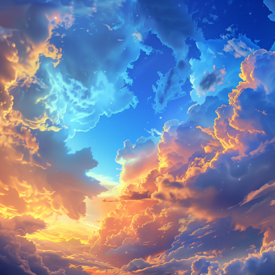 A vivid and colorful sky with a dynamic arrangement of clouds, capturing the transition from golden sunset hues to deepening blue tones.