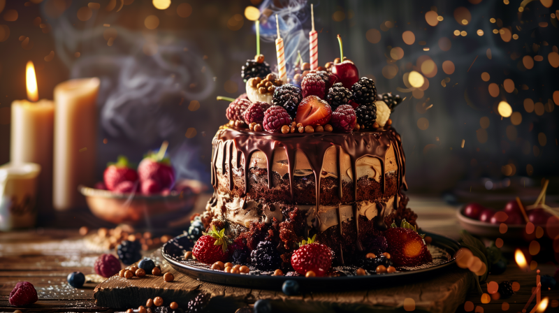 A decadent birthday cake adorned with fresh berries and drizzled with chocolate, complete with lit candles, ready to celebrate a special occasion.