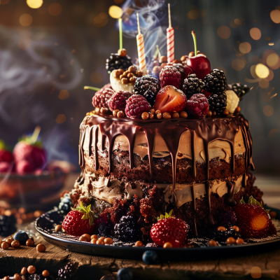 A decadent birthday cake adorned with fresh berries and drizzled with chocolate, complete with lit candles, ready to celebrate a special occasion.