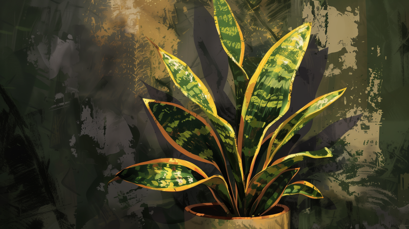 An illustrated snake plant with tall, variegated green and yellow leaves in a terracotta pot, set against a textured dark background.