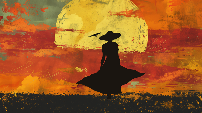 A silhouette of a woman in a flowing dress and wide-brimmed hat against an artistic backdrop with a large yellow moon.