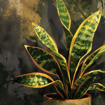 An illustrated snake plant with tall, variegated green and yellow leaves in a terracotta pot, set against a textured dark background.