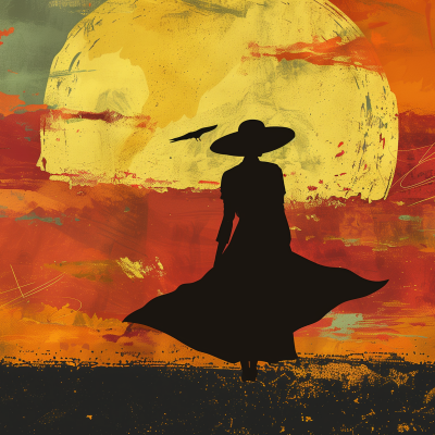 A silhouette of a woman in a flowing dress and wide-brimmed hat against an artistic backdrop with a large yellow moon.