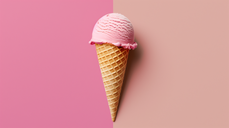 A single scoop of pink ice cream atop a waffle cone, set against a half pink, half beige background.