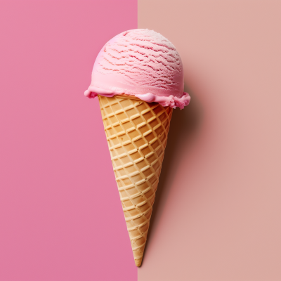 A single scoop of pink ice cream atop a waffle cone, set against a half pink, half beige background.