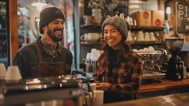 Two baristas smiling and interacting behind the counter in a cozy coffee shop setting.