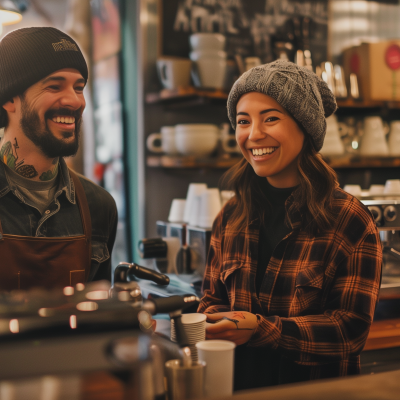 Two baristas smiling and interacting behind the counter in a cozy coffee shop setting.