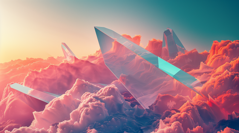 An artistic depiction of large, transparent crystals emerging from a landscape of soft, pink clouds under a warm, gradient sky.