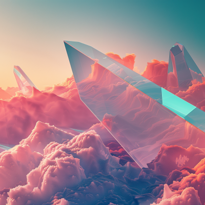 An artistic depiction of large, transparent crystals emerging from a landscape of soft, pink clouds under a warm, gradient sky.