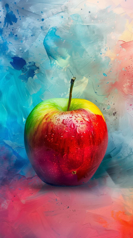 A vibrant, dew-covered apple against an abstract multicolored background.