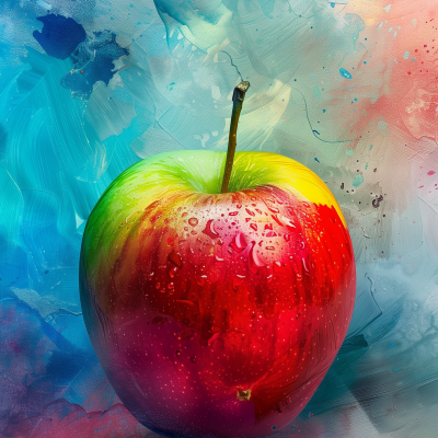 A vibrant, dew-covered apple against an abstract multicolored background.