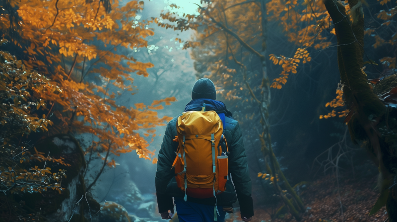 A hiker with a yellow backpack walking through a forest with orange autumn leaves.