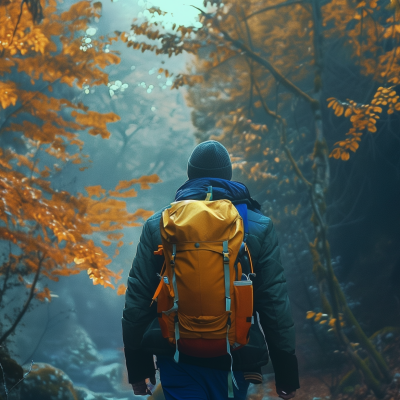 A hiker with a yellow backpack walking through a forest with orange autumn leaves.