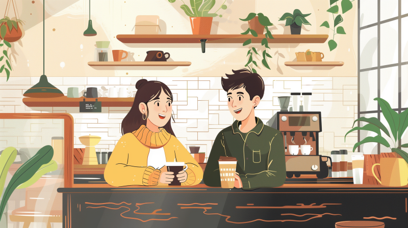 Illustration of two people happily chatting over coffee at a cozy coffee shop, with plants and coffee accessories in the background.