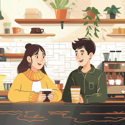 Illustration of two people happily chatting over coffee at a cozy coffee shop, with plants and coffee accessories in the background.