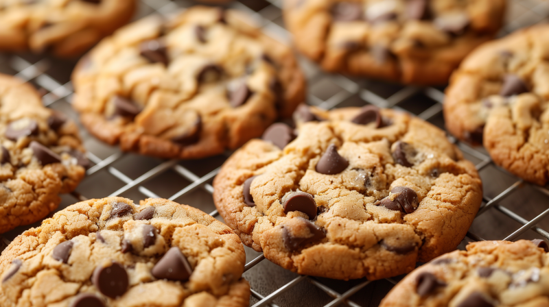 Freshly baked chocolate chip cookies cooling on a wire rack.