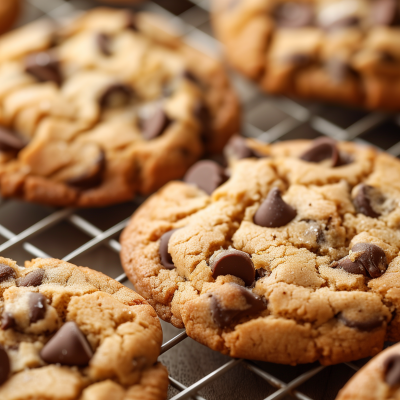 Freshly baked chocolate chip cookies cooling on a wire rack.