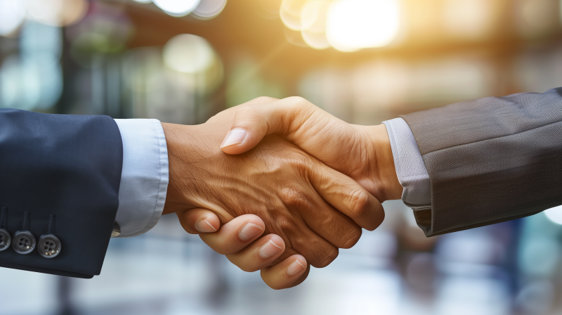 Close-up of a business handshake between two individuals against a blurred background with warm lighting.