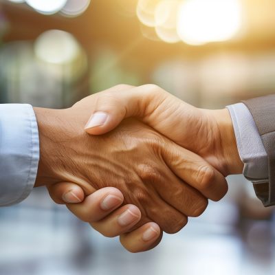 Close-up of a business handshake between two individuals against a blurred background with warm lighting.