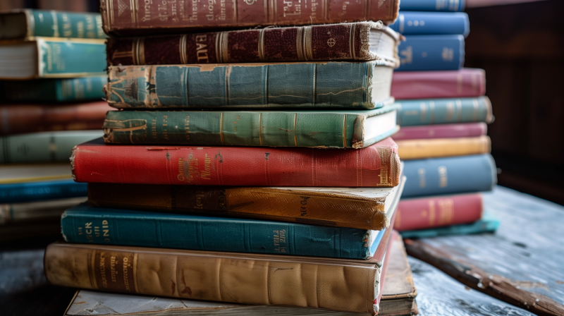 Stack of old hardcover books in various colors.