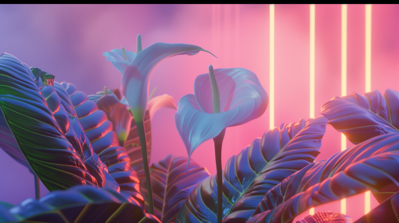 Digital artwork of a peace lily houseplant with a pink neon light in the background.