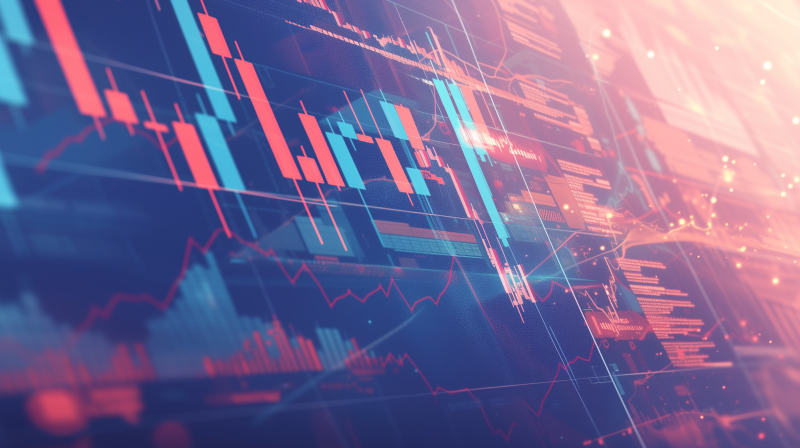 An abstract digital illustration of a stock market chart with dynamic lines and bars indicating financial data trends.