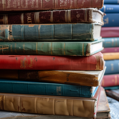 Stack of old hardcover books in various colors.