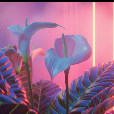 Digital artwork of a peace lily houseplant with a pink neon light in the background.