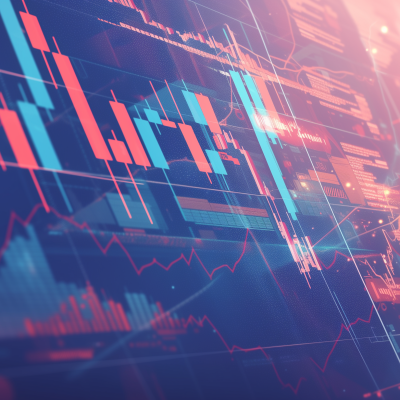 An abstract digital illustration of a stock market chart with dynamic lines and bars indicating financial data trends.