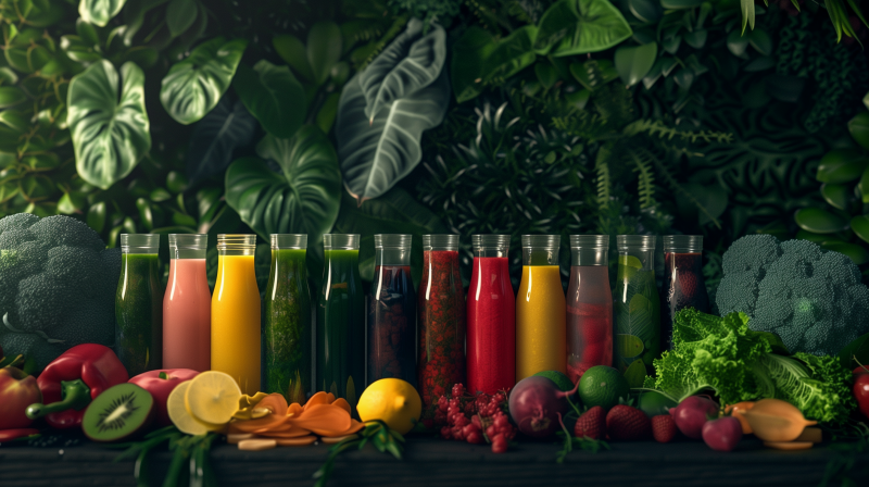 Assorted bottles of colorful fruit juices with fresh fruits and vegetables in front, against a backdrop of lush greenery.