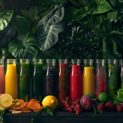 Assorted bottles of colorful fruit juices with fresh fruits and vegetables in front, against a backdrop of lush greenery.