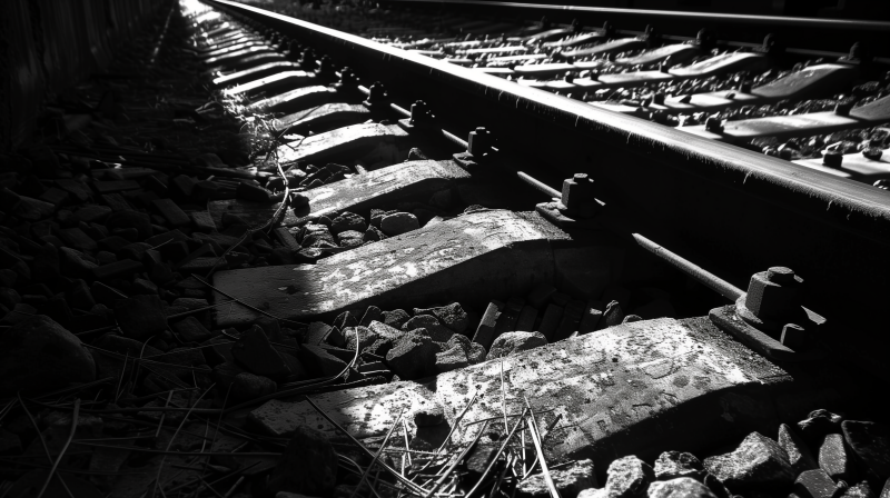 Black and white close-up of railroad tracks highlighting the texture of the wooden sleepers and stones.