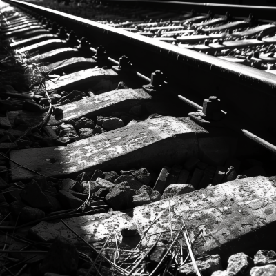 Black and white close-up of railroad tracks highlighting the texture of the wooden sleepers and stones.