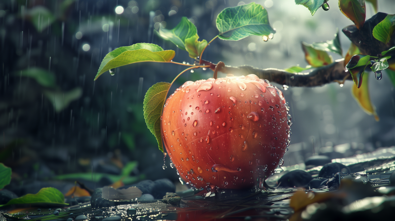 A ripe red apple with water droplets on its surface, attached to a branch with green leaves, during rain.