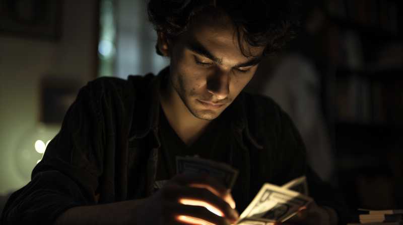 A man intently examining a handful of money in a dimly lit room.