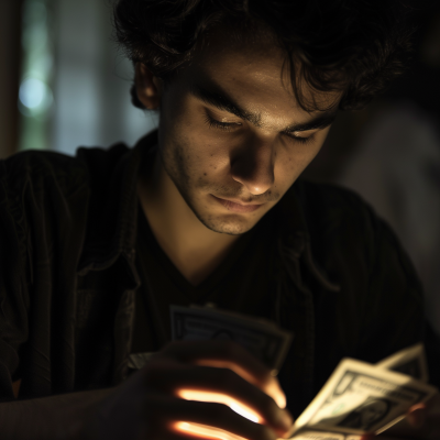 A man intently examining a handful of money in a dimly lit room.