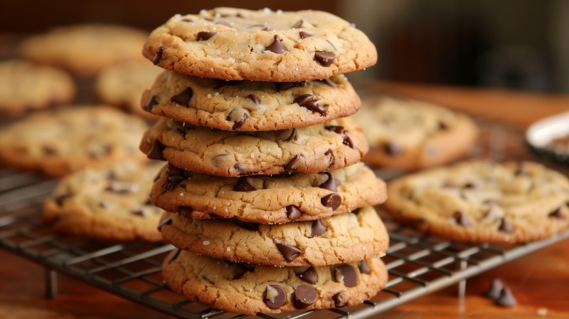 A stack of chocolate chip cookies on a cooling rack with visible chocolate chunks and a sprinkling of salt on top.