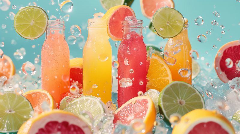 Three colorful bottles of fruit juice surrounded by sliced citrus fruits and fizzing bubbles on a teal background.