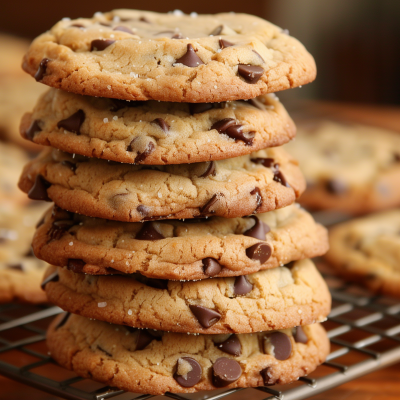 A stack of chocolate chip cookies on a cooling rack with visible chocolate chunks and a sprinkling of salt on top.