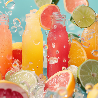 Three colorful bottles of fruit juice surrounded by sliced citrus fruits and fizzing bubbles on a teal background.