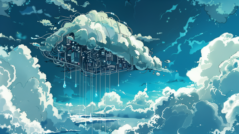 Illustration of a stylized cloud made of technology and circuitry, with raindrops symbolizing data streaming from the cloud against a backdrop of a blue sky with clouds.