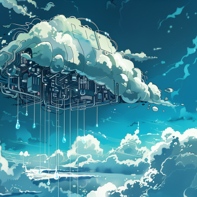 Illustration of a stylized cloud made of technology and circuitry, with raindrops symbolizing data streaming from the cloud against a backdrop of a blue sky with clouds.