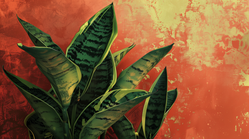 Illustration of a lush snake plant with vibrant green and yellow variegated leaves, set against a textured red background.