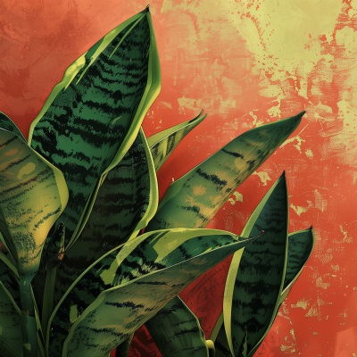 Illustration of a lush snake plant with vibrant green and yellow variegated leaves, set against a textured red background.