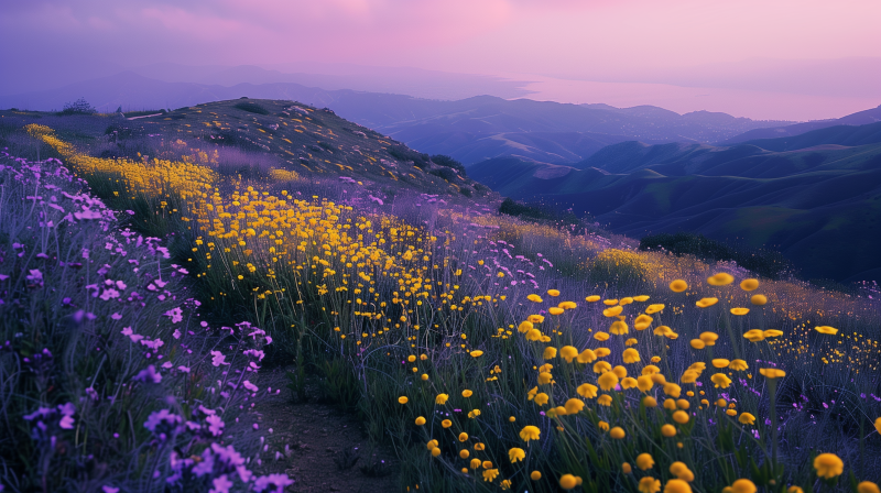 A picturesque landscape featuring rolling hills dotted with vibrant yellow and purple flowers under a twilight sky.