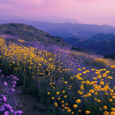 A picturesque landscape featuring rolling hills dotted with vibrant yellow and purple flowers under a twilight sky.