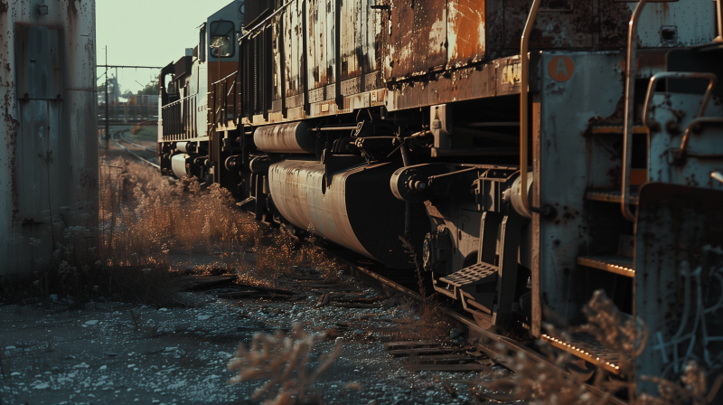 An old, rusty train on the tracks during sunset, revealing the textures of corrosion and age.