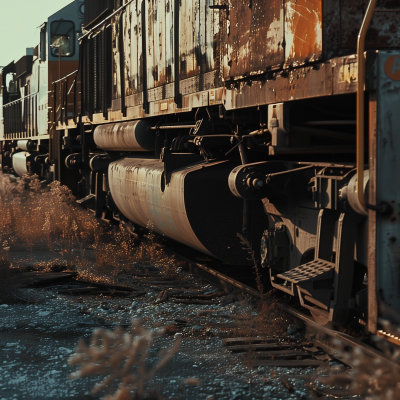 An old, rusty train on the tracks during sunset, revealing the textures of corrosion and age.